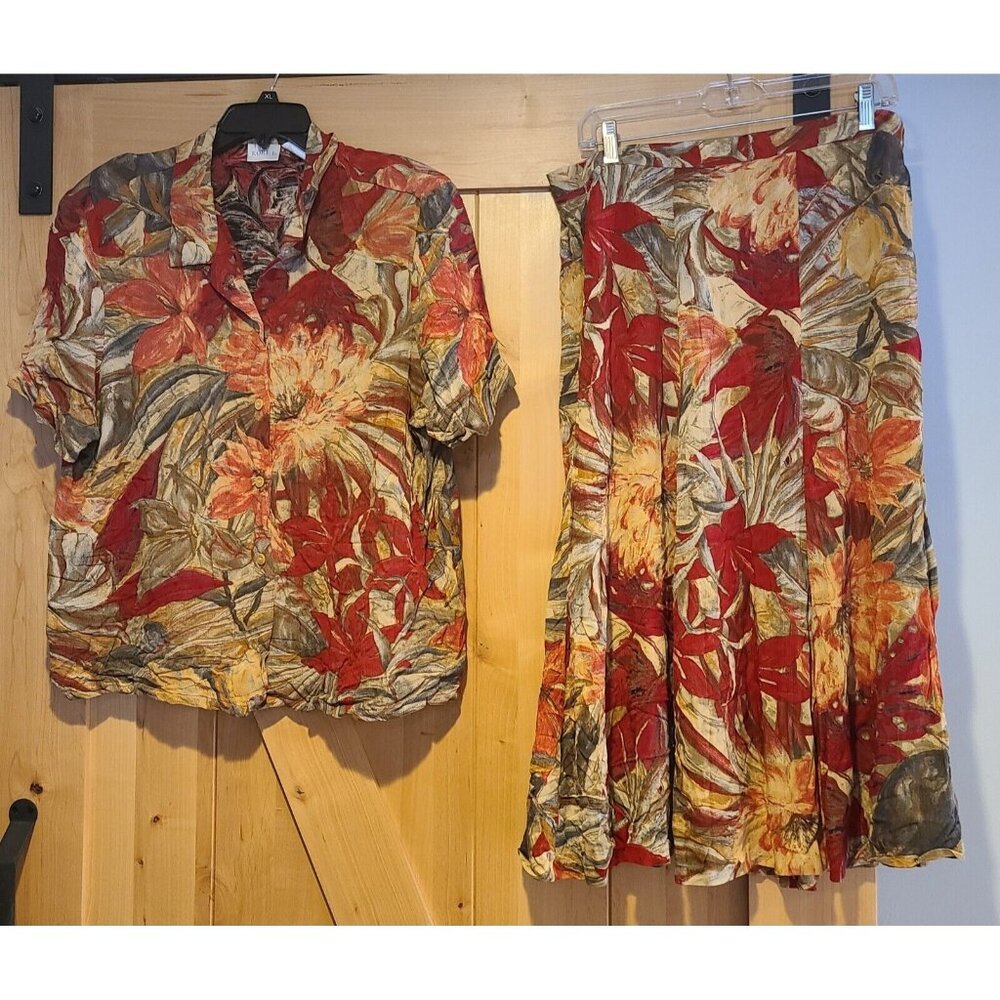Vtg Koret 2 Piece Midi Skirt Sz 18 Blouse Top sz 16 Bright Floral Colorful Red